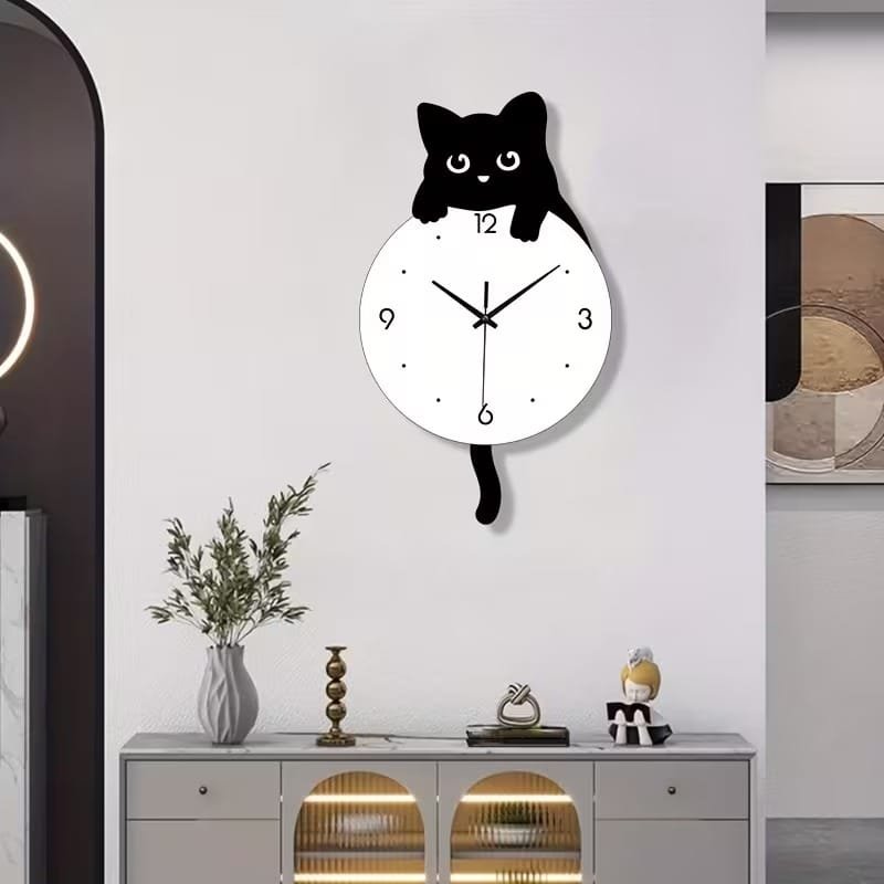 Laser Cut Acrylic Cartoon Cat Wall Clock – Kids Room Cat Decor