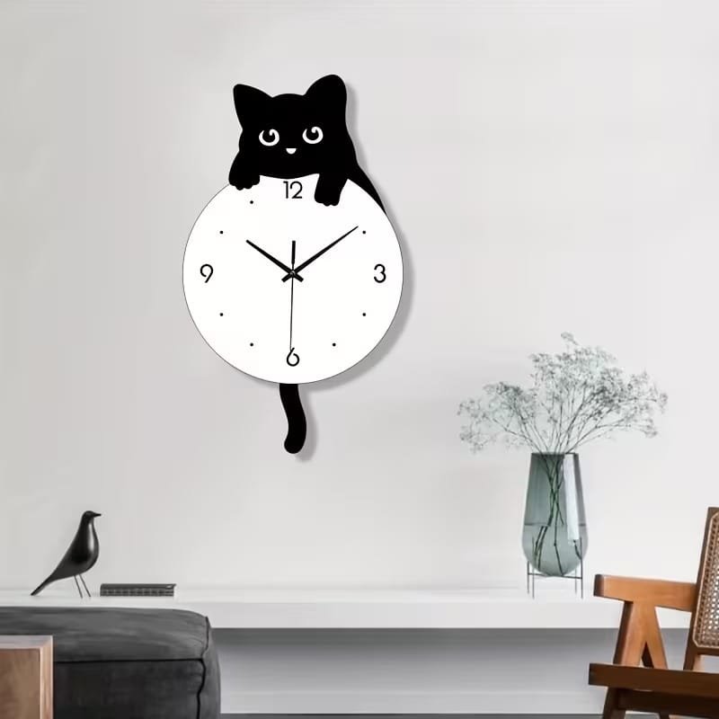 Laser Cut Acrylic Cartoon Cat Wall Clock – Kids Room Cat Decor