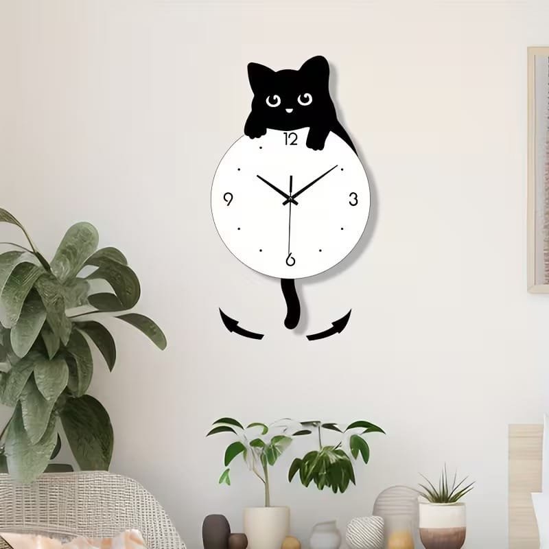Laser Cut Acrylic Cartoon Cat Wall Clock – Kids Room Cat Decor