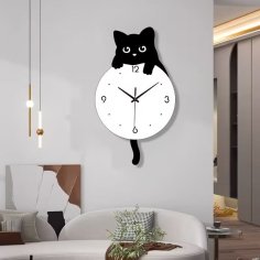 Laser Cut Acrylic Cartoon Cat Wall Clock – Kids Room Cat Decor