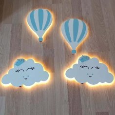 Laser Cut Nursery Night Light – Hot Air Balloon and Cloud Wall Lamp