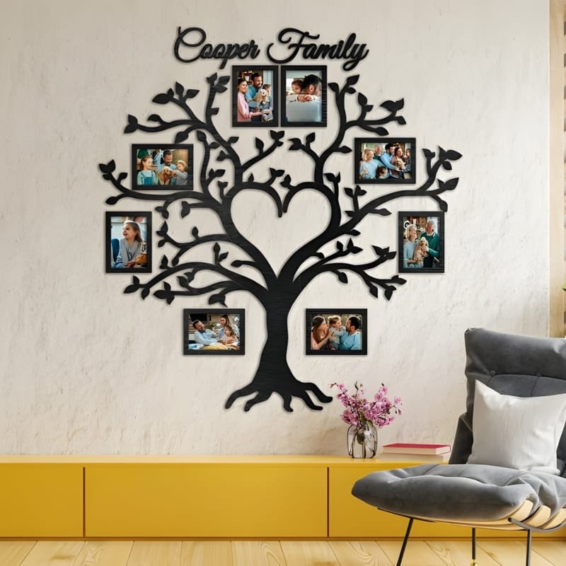 Laser Cut Family Tree With Heart Wooden Photo Frames Wall Decor
