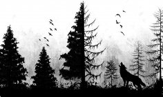 الگوی حکاکی لیزری گرگ در حال زوزه کشیدن در درختان