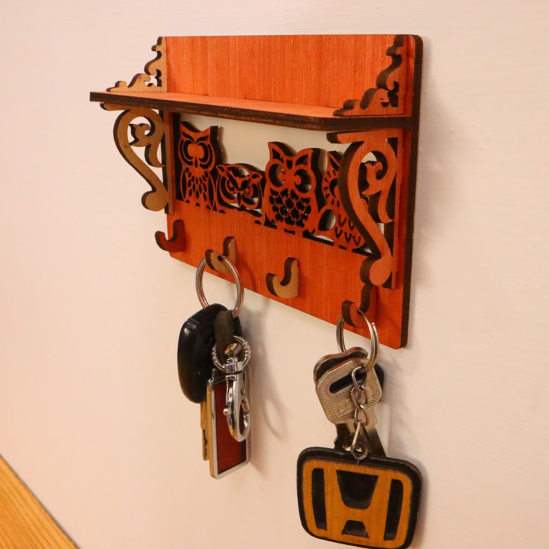 Laser Cut Owl Decor Wall Mounted Key Organizer With Shelf Plywood 4mm DXF File