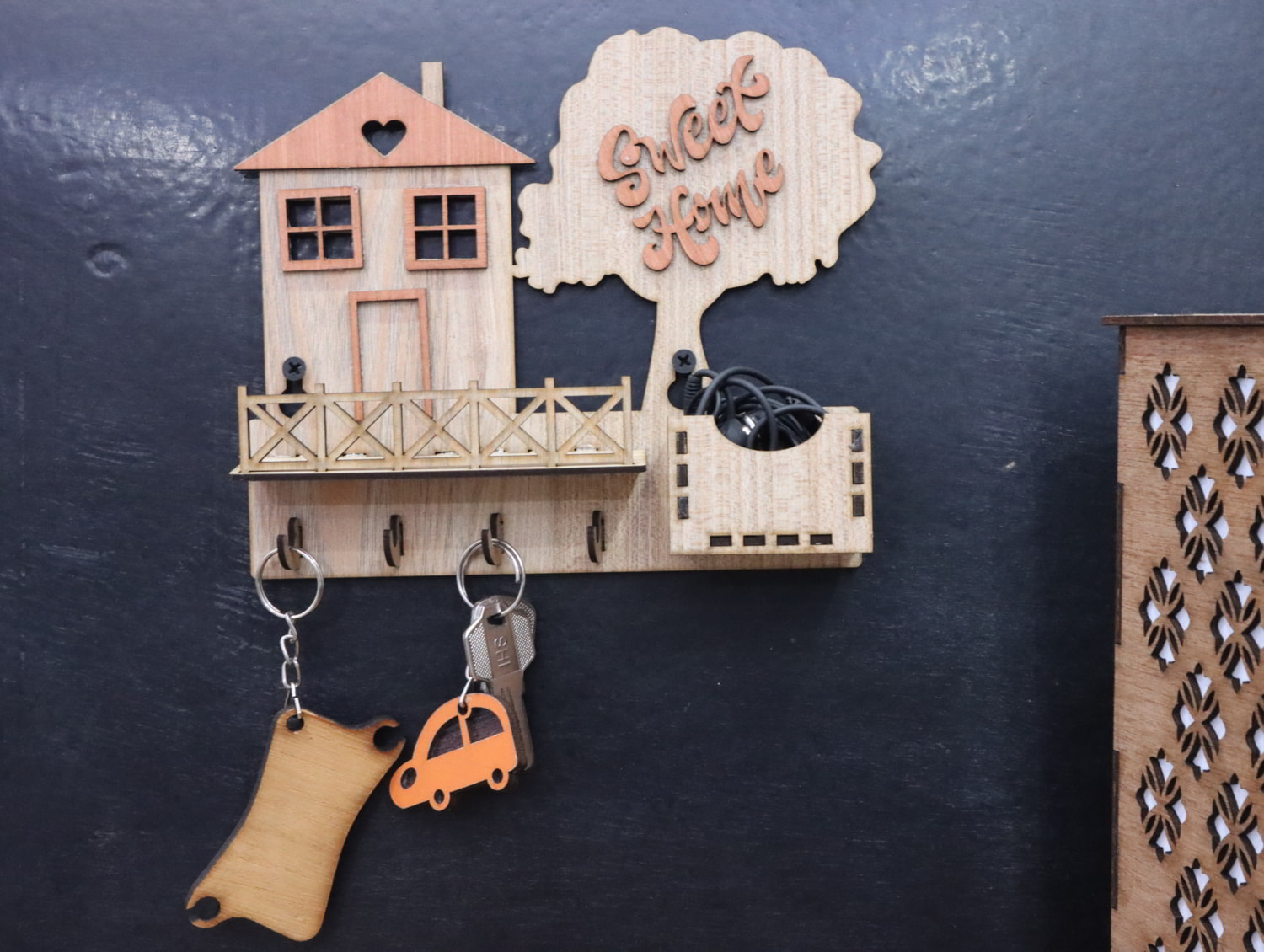 Laser Cut Key Holder for Wall with Shelf Free Vector