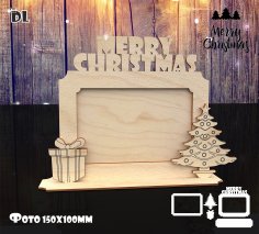 Marco de fotos de Feliz Navidad de madera cortado con láser con árbol grabado y caja de regalo