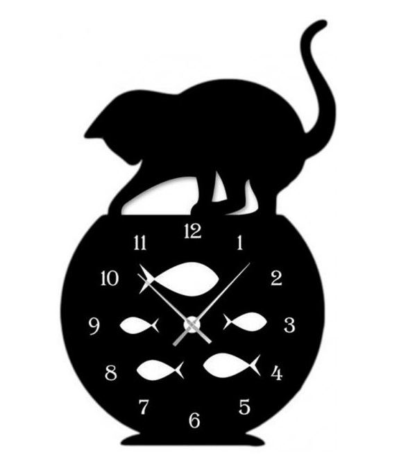 Laser Cut Naughty Cat Fish Tank Reloj de pared moderno Decoración para el hogar