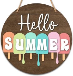 Laser Cut Hello Summer Farmhouse Popsicle Door Sign Rustic Welcome Hanging Sign For Front Door