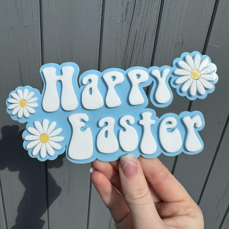 Laser Cut Happy Easter Cake Topper – Happy Easter Daisy Flowers Plaque