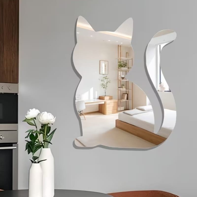 Laser Cut Cat Shaped Wall Mirror Modern Frameless Design, Acrylic Mirror Home Bathroom Decor