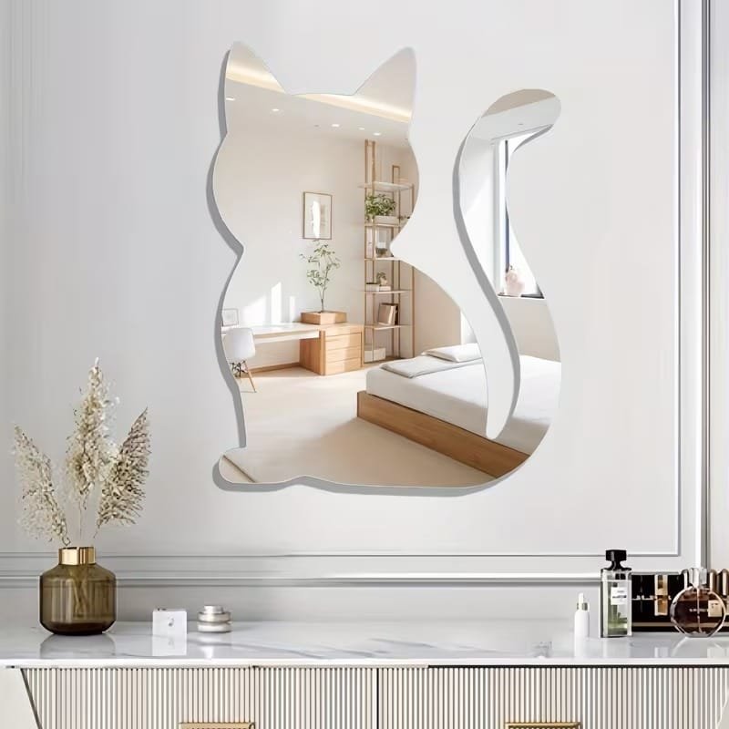 Laser Cut Cat Shaped Wall Mirror Modern Frameless Design, Acrylic Mirror Home Bathroom Decor