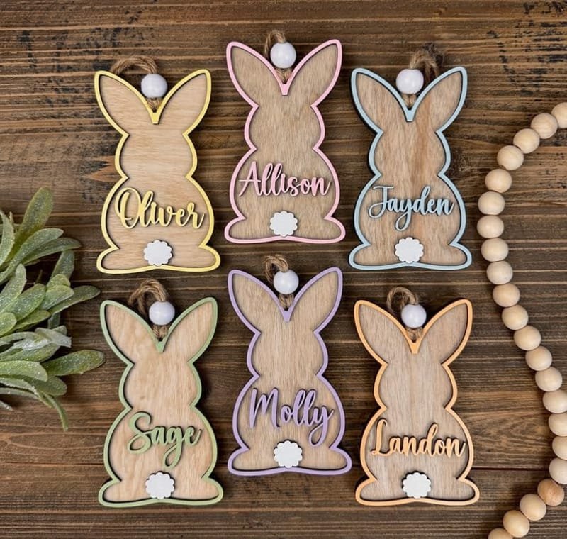 Laser Cut Personalized Bunny Rabbit Easter Basket Tag – Custom Name Tag