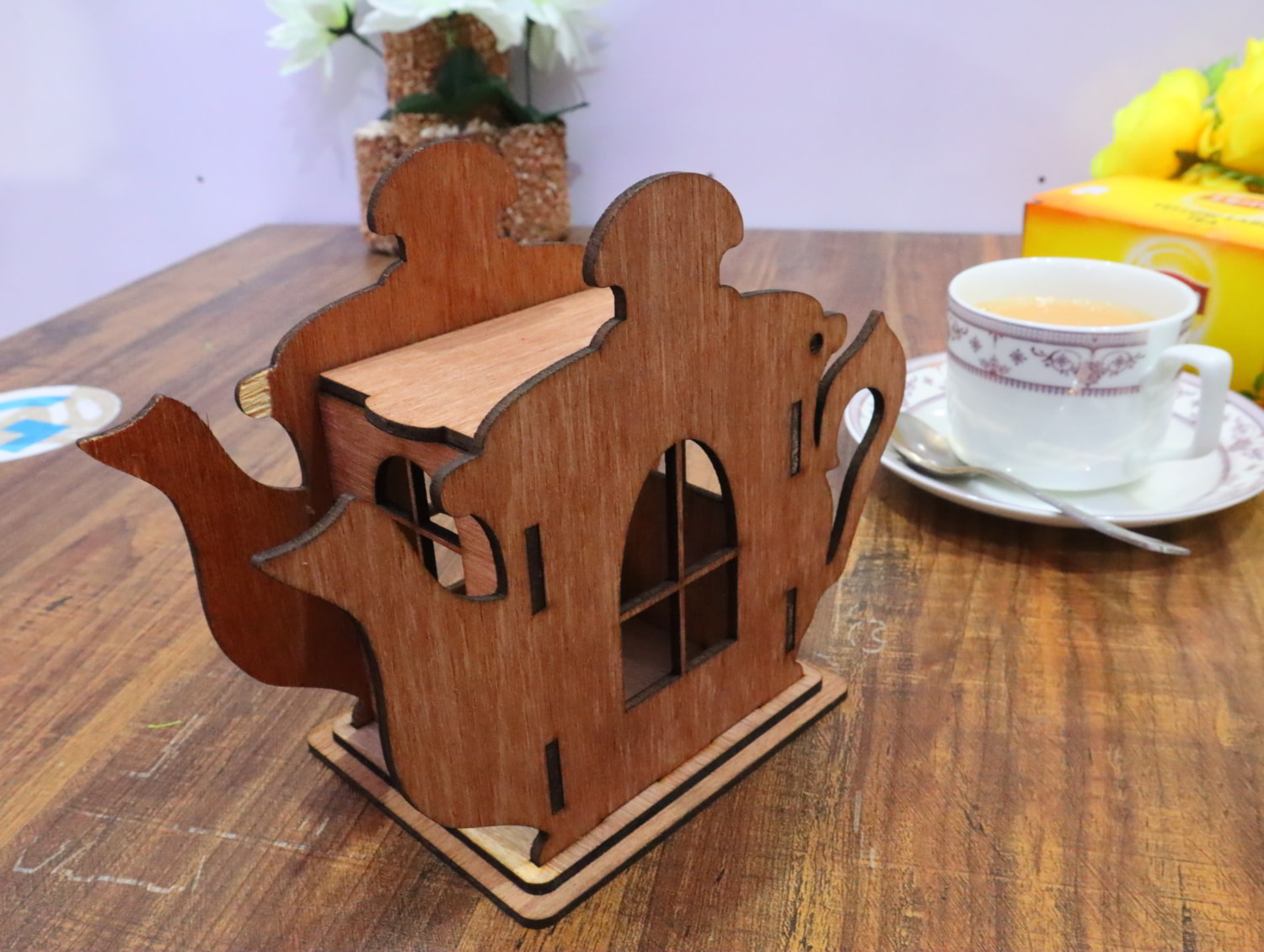 Laser Cut Wooden Teapot Shape Tea House 3mm Free Vector