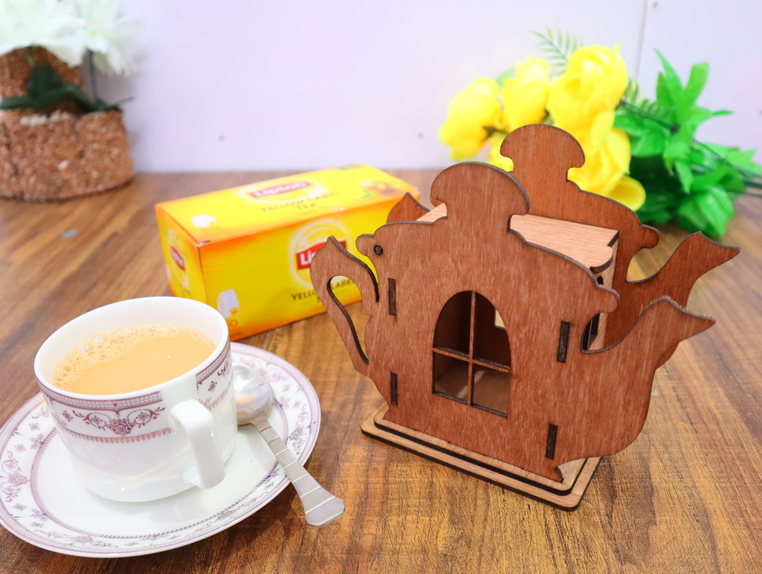 Laser Cut Wooden Teapot Shape Tea House 3mm Free Vector