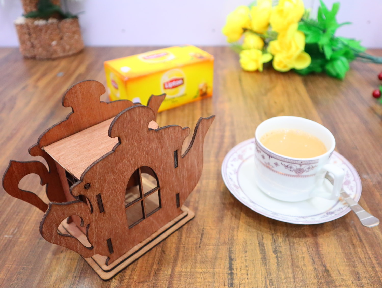 Laser Cut Wooden Teapot Shape Tea House 3mm Free Vector