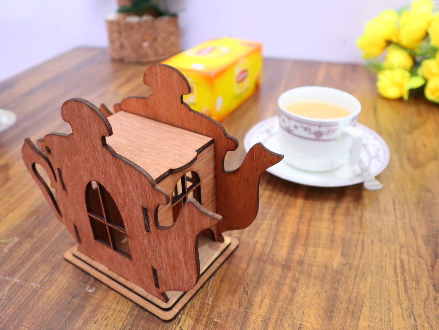 Laser Cut Wooden Teapot Shape Tea House 3mm Free Vector