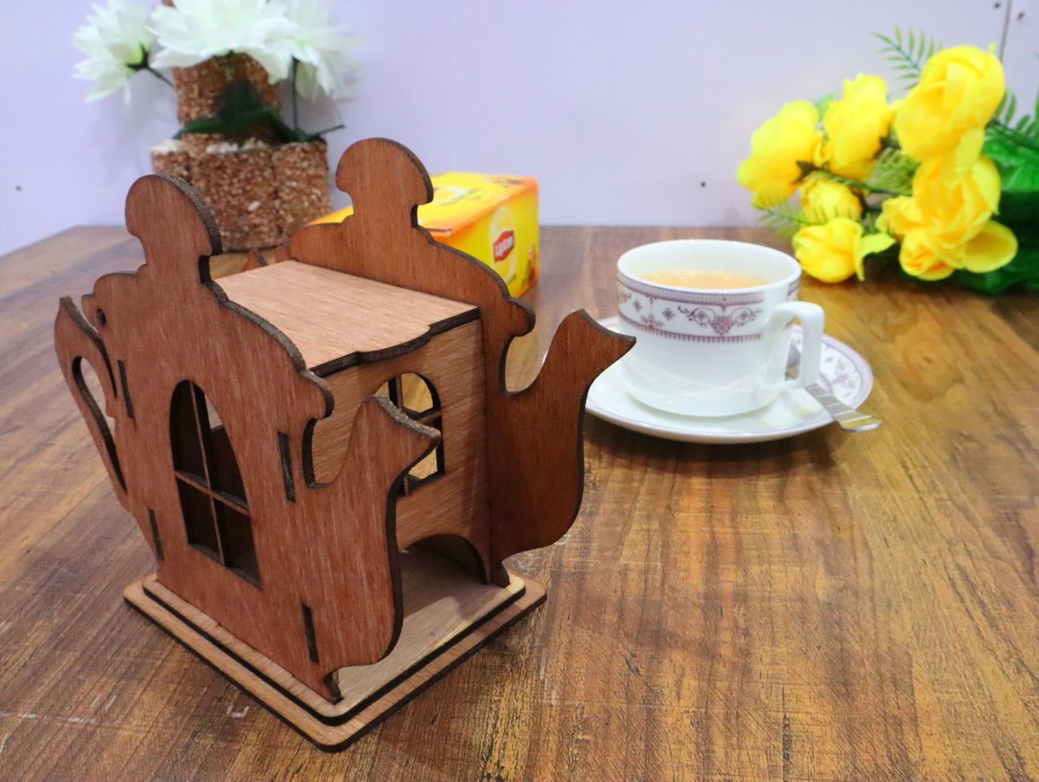 Laser Cut Wooden Teapot Shape Tea House 3mm Free Vector