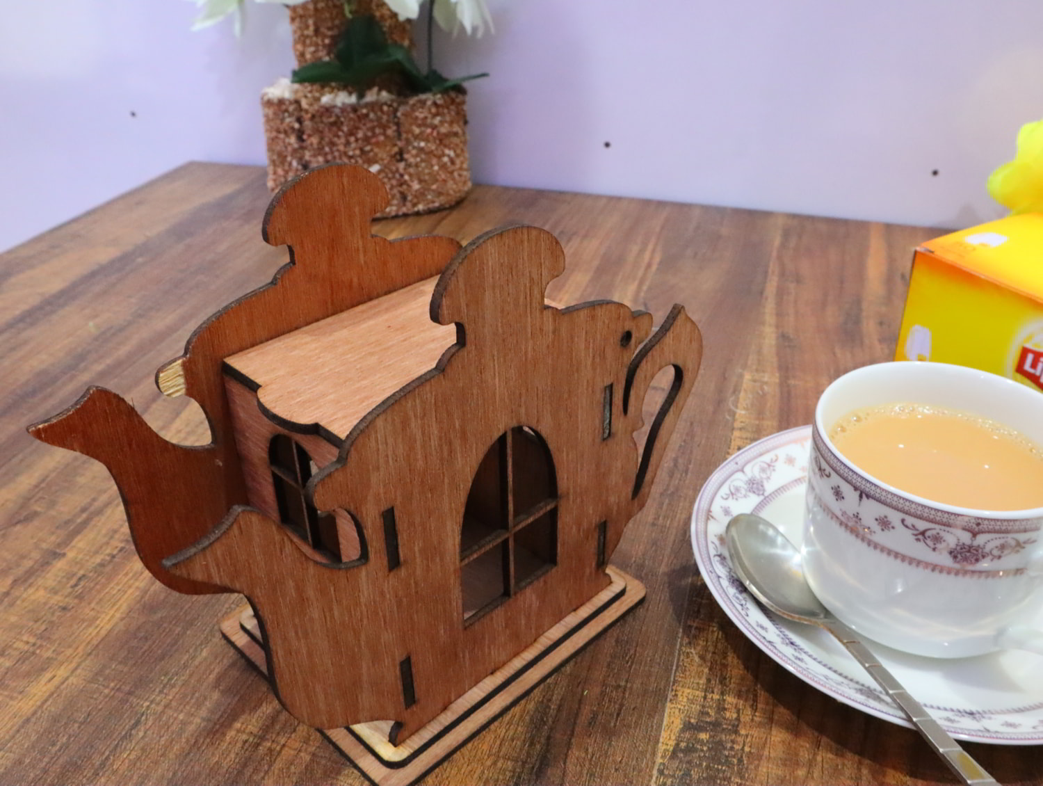 Laser Cut Wooden Teapot Shape Tea House 3mm Free Vector