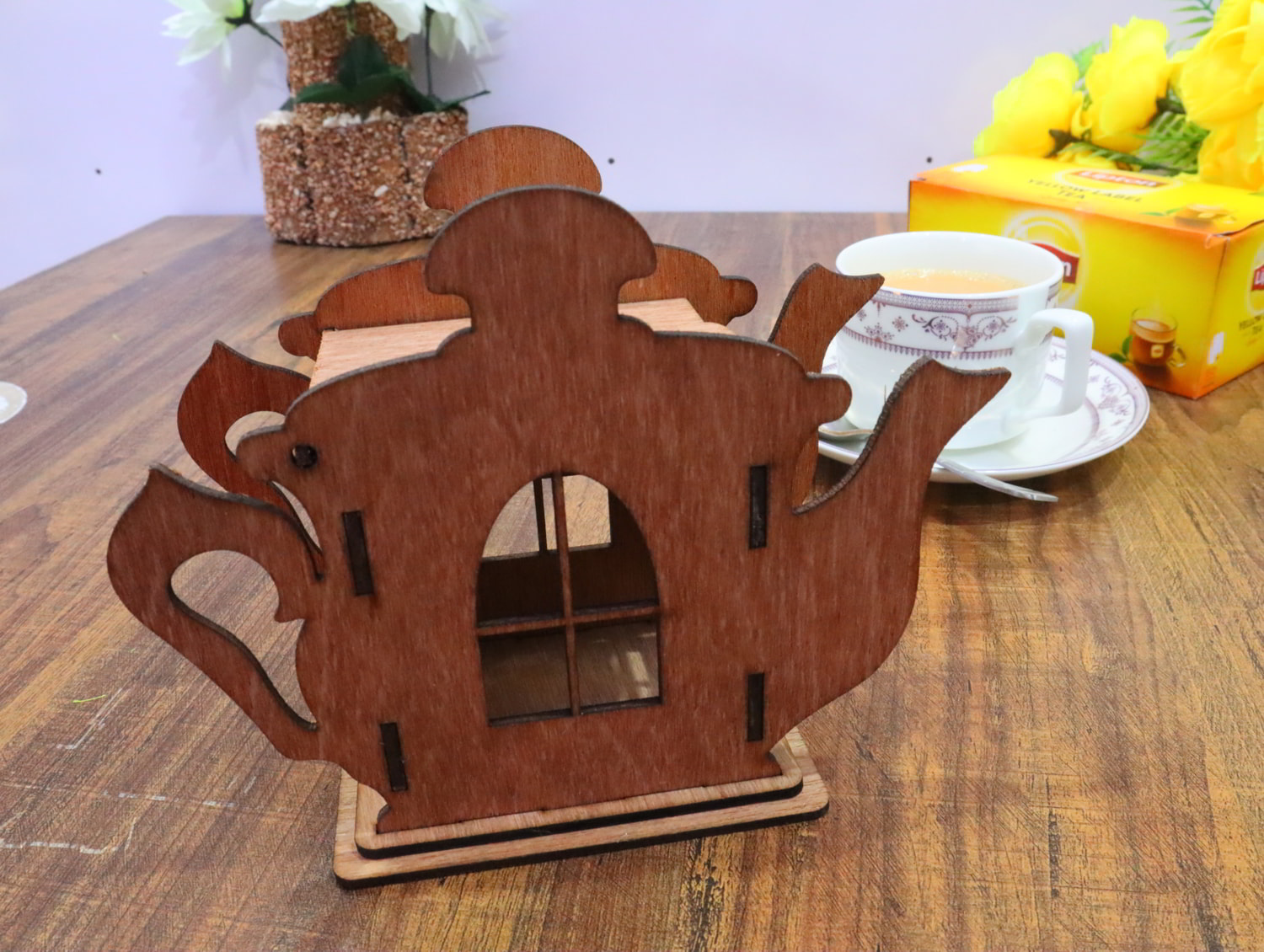 Laser Cut Wooden Teapot Shape Tea House 3mm Free Vector