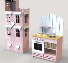 Casa de muñecas cortada con láser y mini horno de juguete