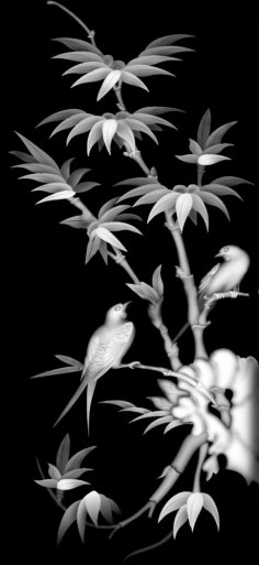 Immagine in scala di grigi di bambù e uccelli