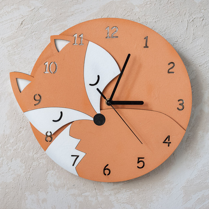 Reloj de pared de zorro cortado con láser con números, decoración de pared de habitación para niños, reloj para niños