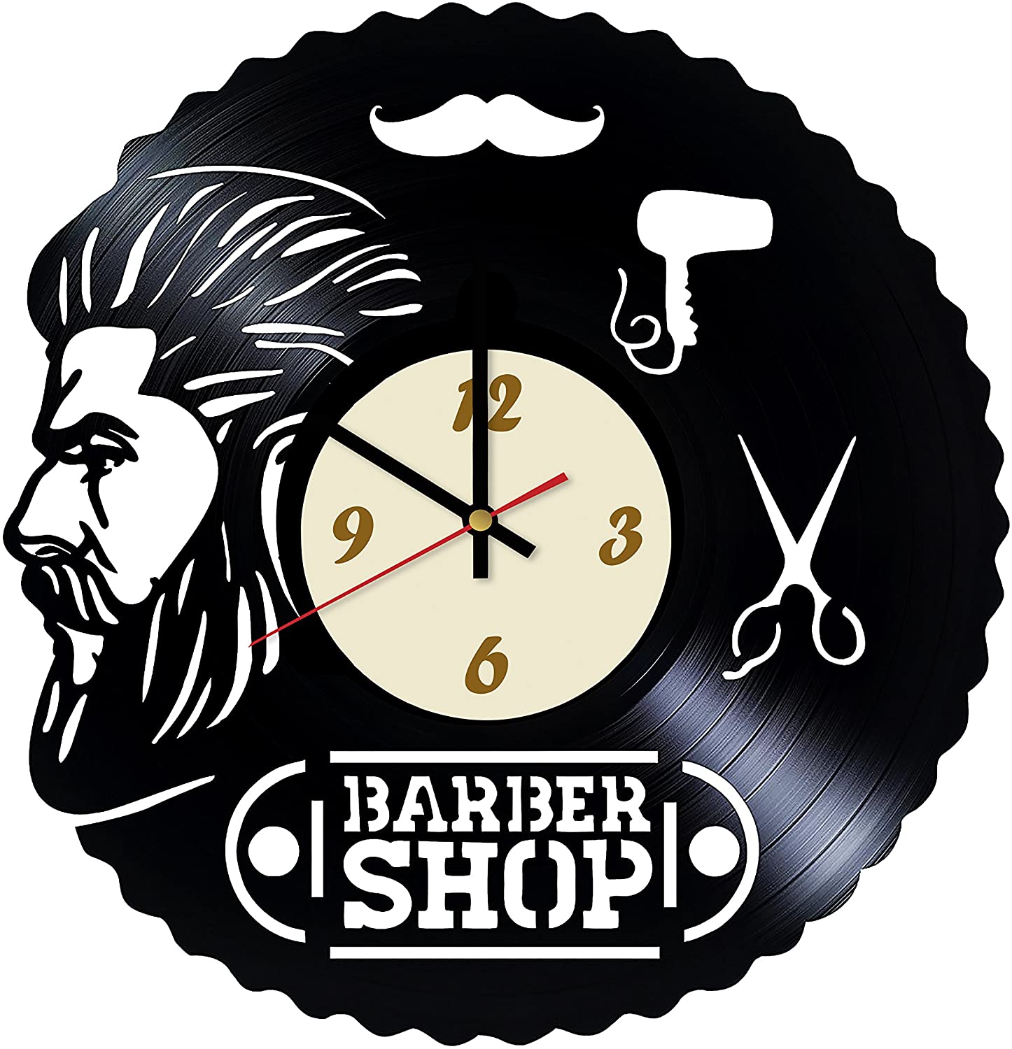 Reloj de pared de vinilo con diseño de barbería cortado con láser