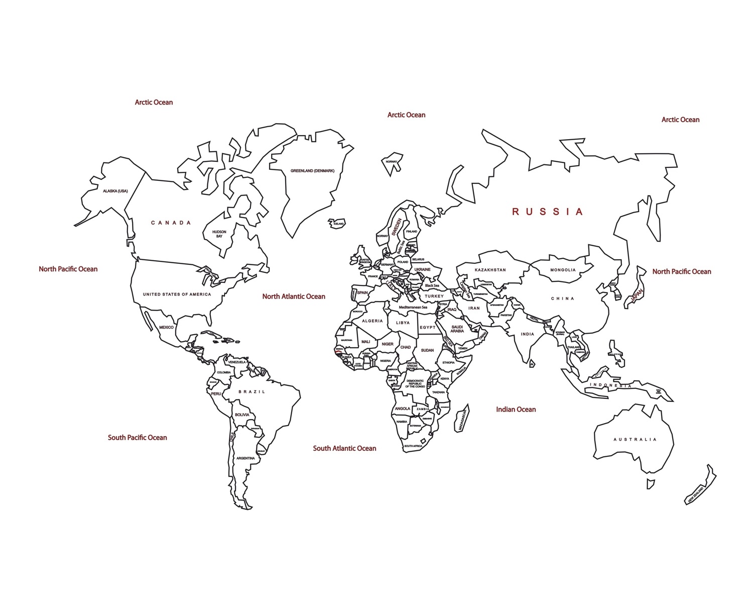 Mapa do mundo cortado a laser com nomes de países