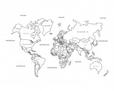 Carte du monde découpée au laser avec noms de pays