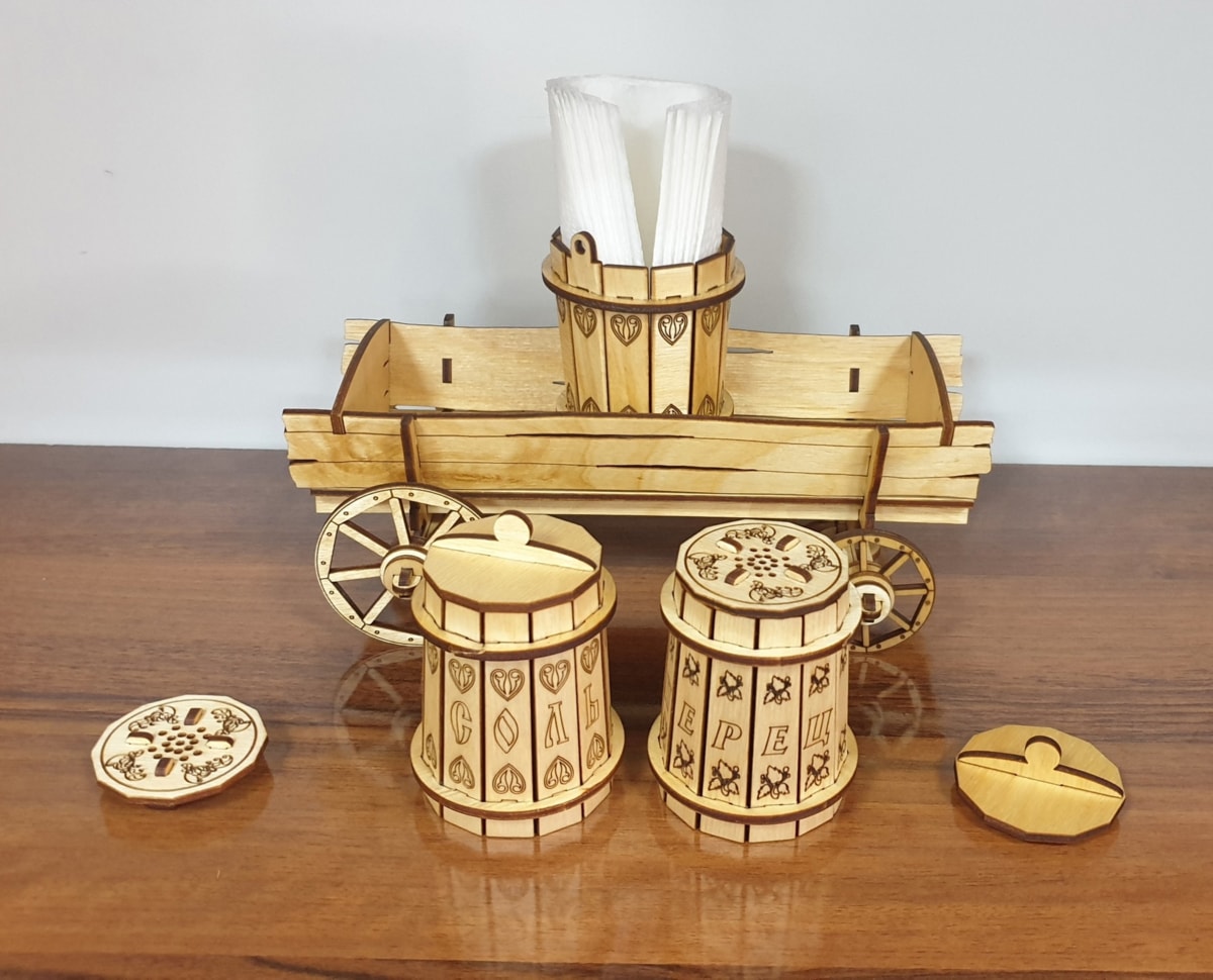 Laser Cut Salt And Pepper Set With Wooden Cart Stand Free Vector