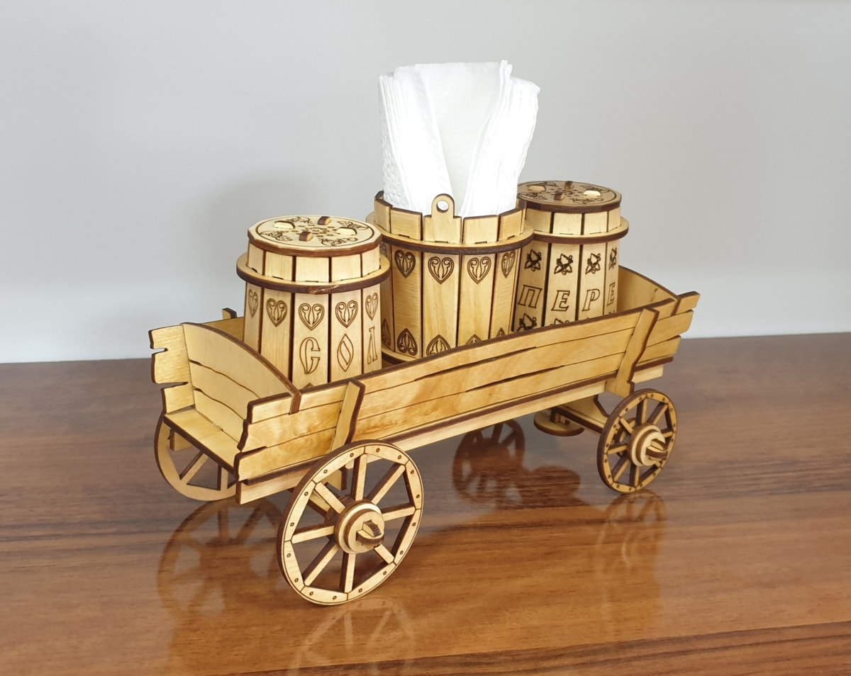 Laser Cut Salt And Pepper Set With Wooden Cart Stand Free Vector