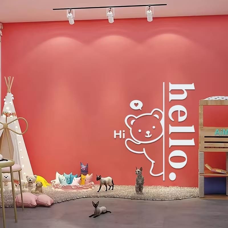 Laser Cut 3D Acrylic Decorative Hello with Bear Wall Sticker DIY Wall Decor