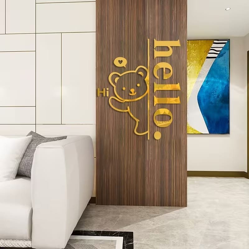 Laser Cut 3D Acrylic Decorative Hello with Bear Wall Sticker DIY Wall Decor