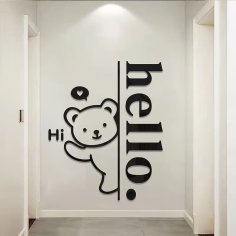 Laser Cut 3D Acrylic Decorative Hello with Bear Wall Sticker DIY Wall Decor