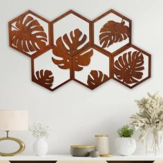 Laser Cut Hexagonal Leaf Wooden Wall Art – Hawaiian Wall Decor – Monstera Hexagon Art Set