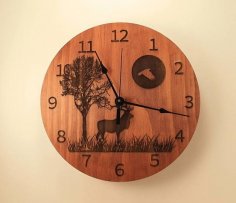 Reloj de pared grabado de madera con diseño de ciervo, árbol y luna cortado con láser