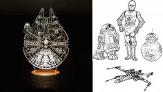 Lámpara de ilusión óptica 3D Millenium Droid de Star Wars cortada con láser