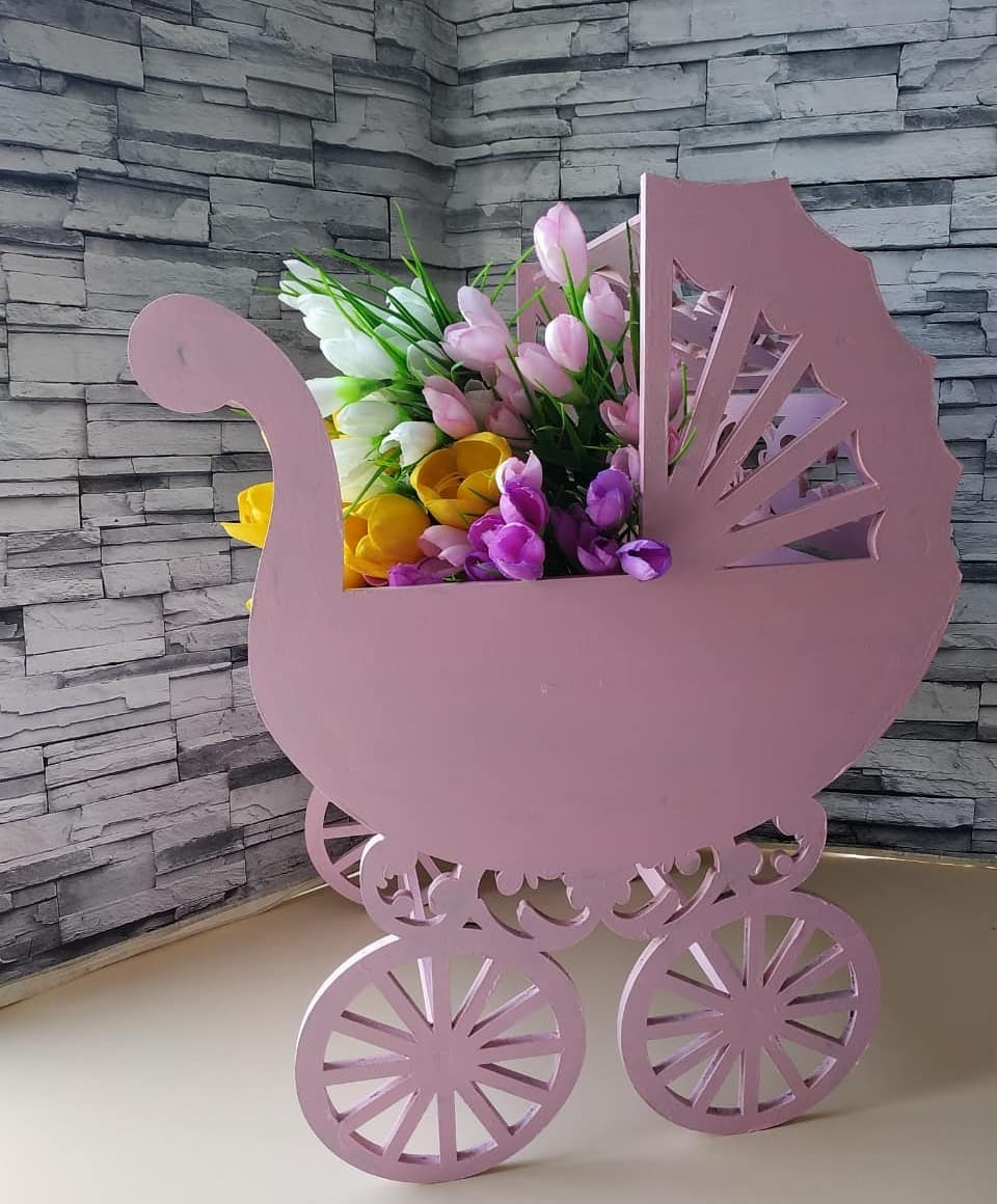 Laser Cut Baby Buggy Planter Flower Stand Free Vector