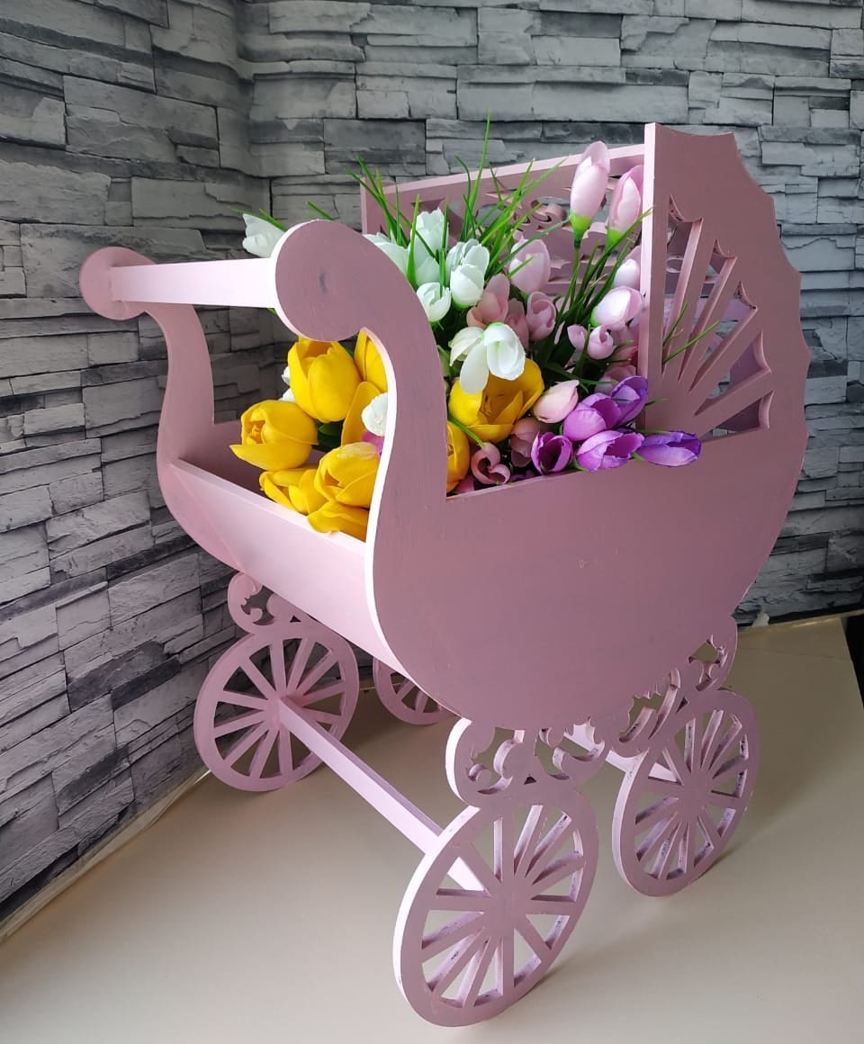 Laser Cut Baby Buggy Planter Flower Stand Free Vector