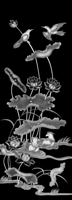 Immagine in scala di grigi di fiori e uccelli
