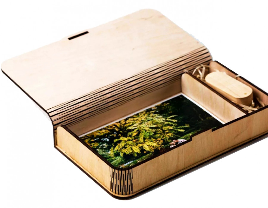 Подарочная коробка с лазерной резкой для фотографий и флешки