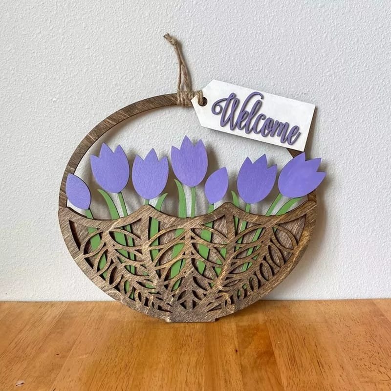 Laser Cut Wooden Tulip Basket Shaped Wall Door Sign