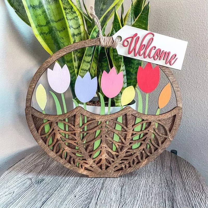 Laser Cut Wooden Tulip Basket Shaped Wall Door Sign