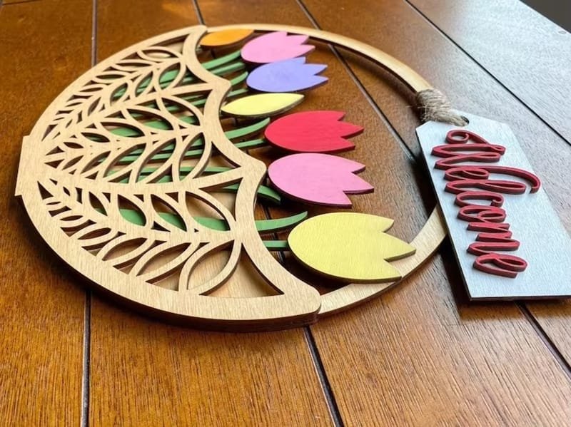 Laser Cut Wooden Tulip Basket Shaped Wall Door Sign