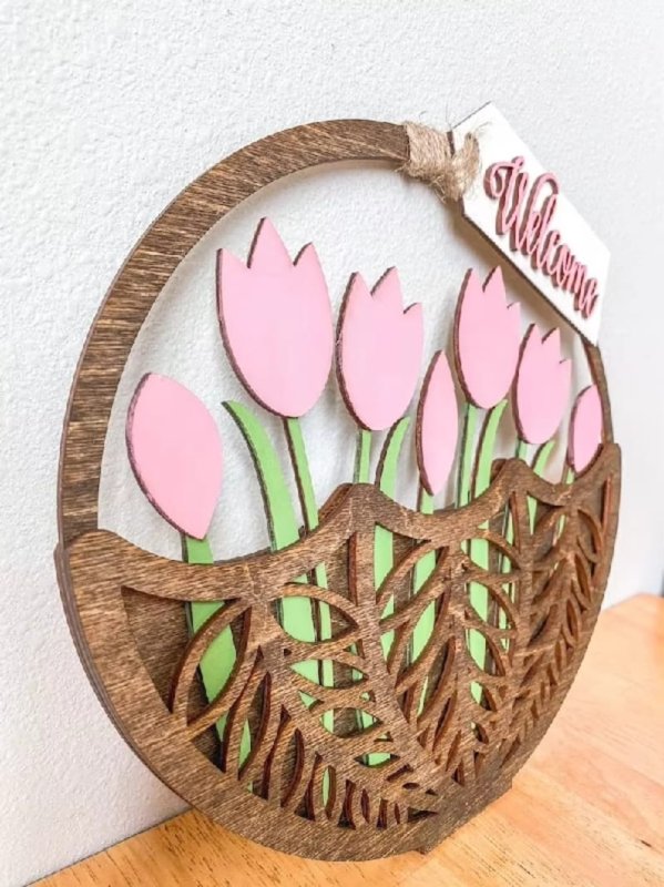 Laser Cut Wooden Tulip Basket Shaped Wall Door Sign