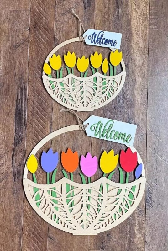 Laser Cut Wooden Tulip Basket Shaped Wall Door Sign