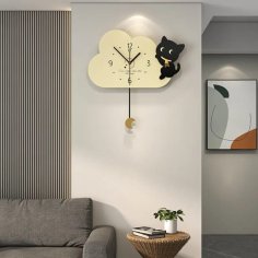 Laser Cut Modern Creative Clock with Cloud and Cat