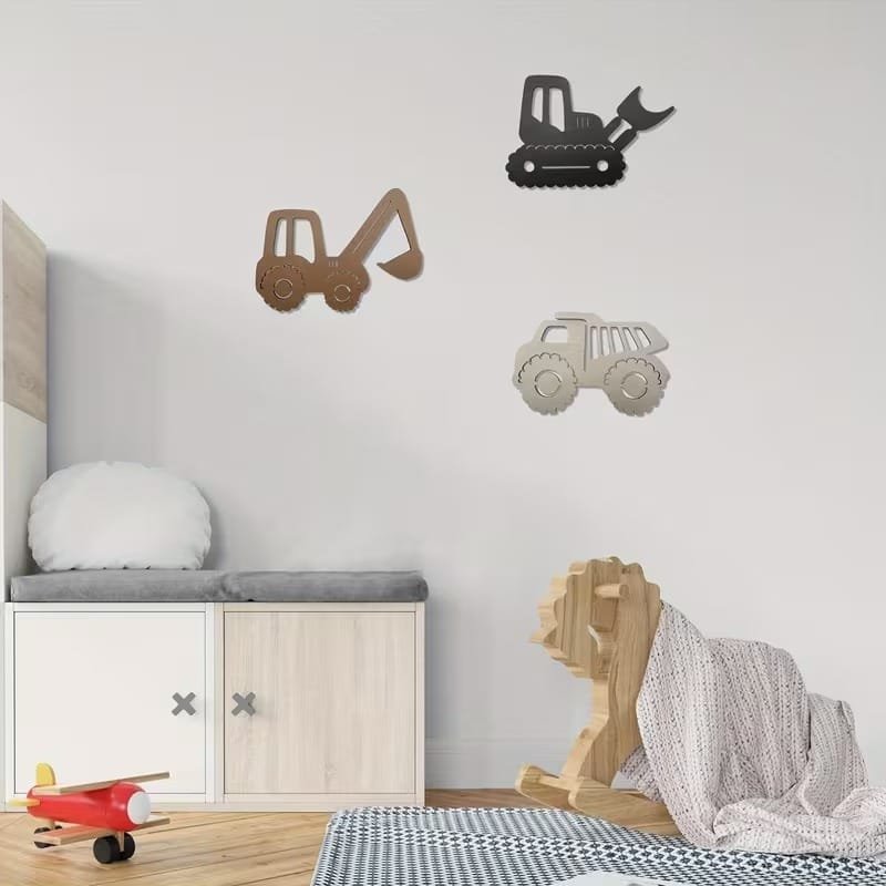 Laser Cut Boy-Themed Vehicle Wall Decorations Bulldozer Excavator Dump Truck