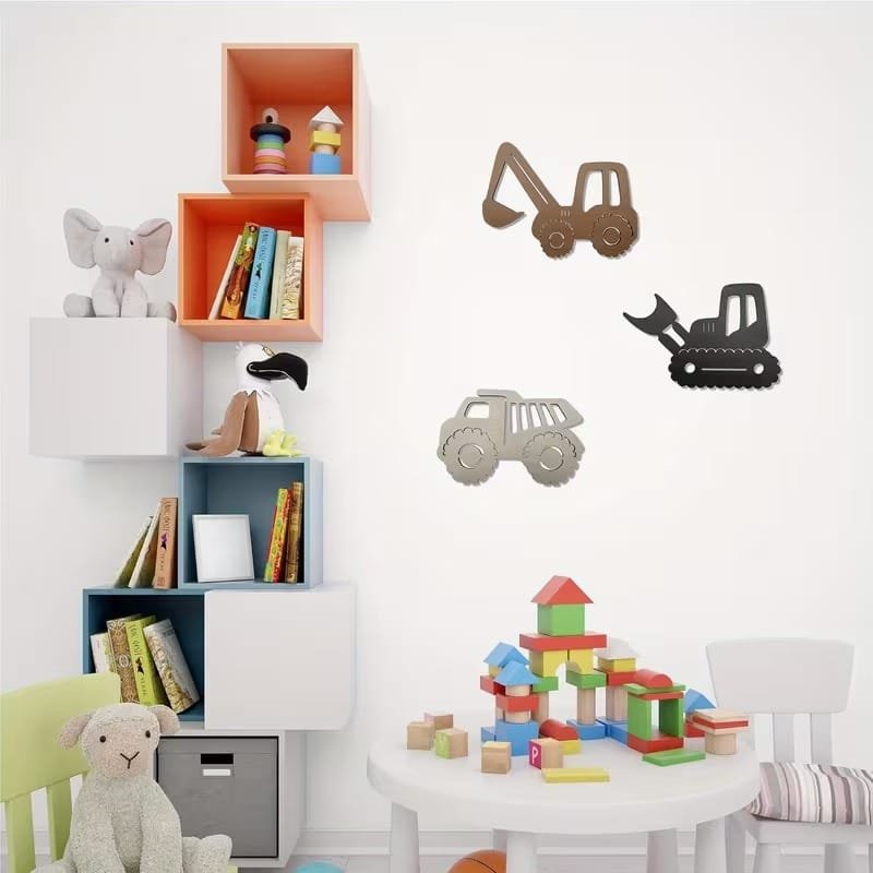 Laser Cut Boy-Themed Vehicle Wall Decorations Bulldozer Excavator Dump Truck