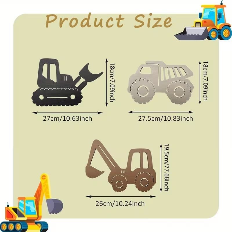Laser Cut Boy-Themed Vehicle Wall Decorations Bulldozer Excavator Dump Truck